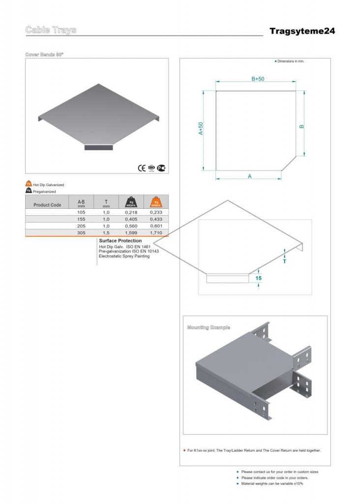  90° Bogen Winkel inkl. Deckel + 4 passende Schrauben galvanisch verzinkt 300mm